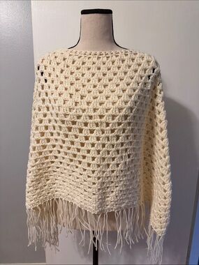 Women's Cream Crochet Fringe Poncho Sweater One Size, Hand Made New